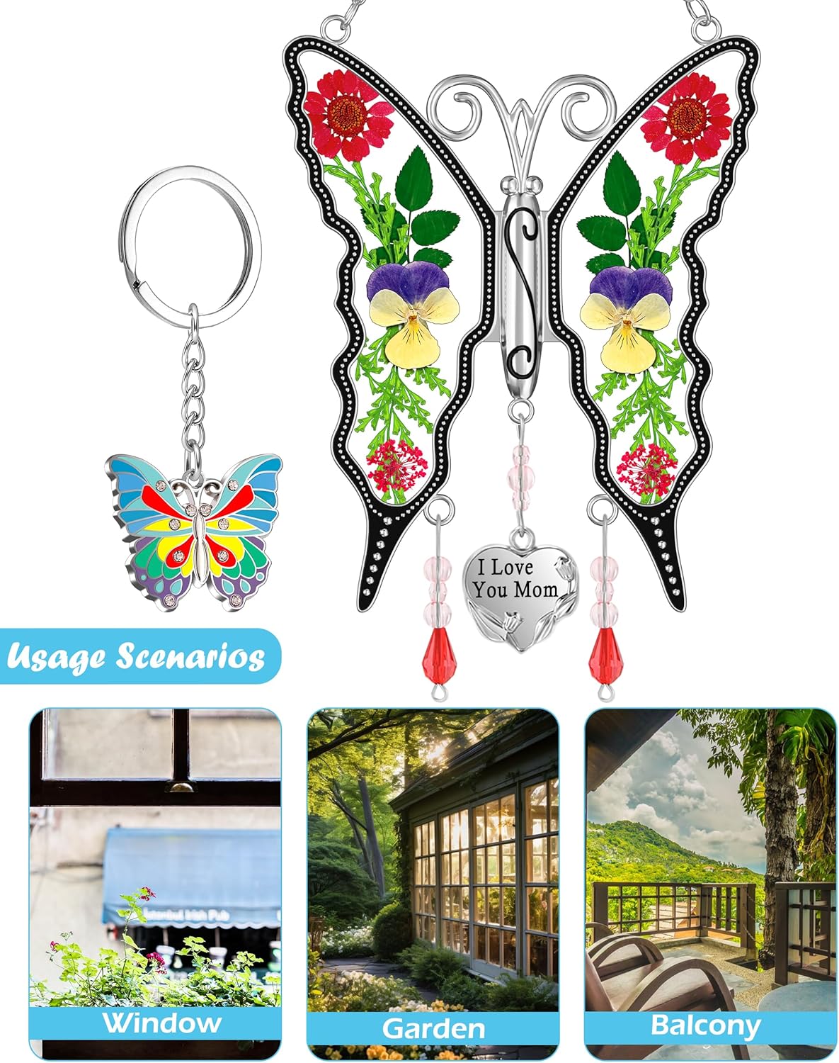KY&BOSAM Gifts for Mom Suncatcher Butterfly I Love You Mom Stained Glass Sun Catcher Hanging Wind