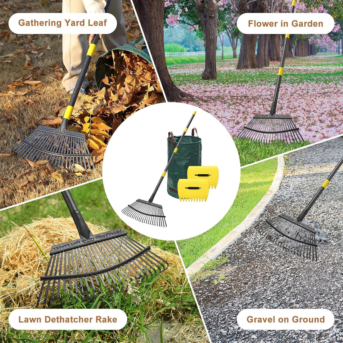 Leaf Rake 18” Wide Heavy Duty Metal 25 Tines Garden Rake Set with 30-75” Adjustable Long Handle for