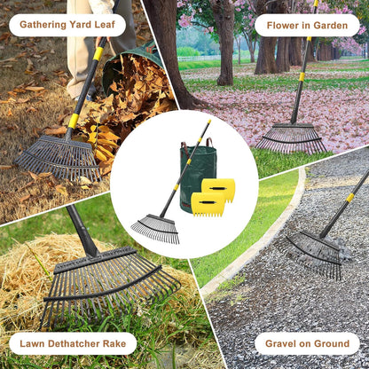 Leaf Rake 18” Wide Heavy Duty Metal 25 Tines Garden Rake Set with 30-75” Adjustable Long Handle for
