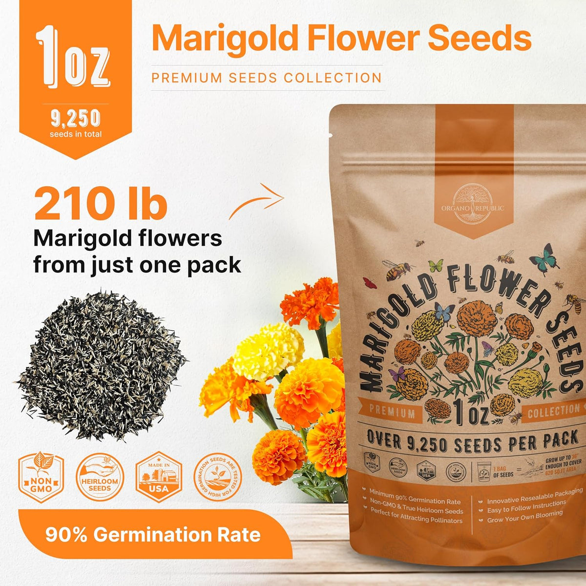 Marigold Seeds Pack 1 oz - Over 9,250 Non-GMO Heirloom Marigold Seeds for Planting Indoor & Outdoor