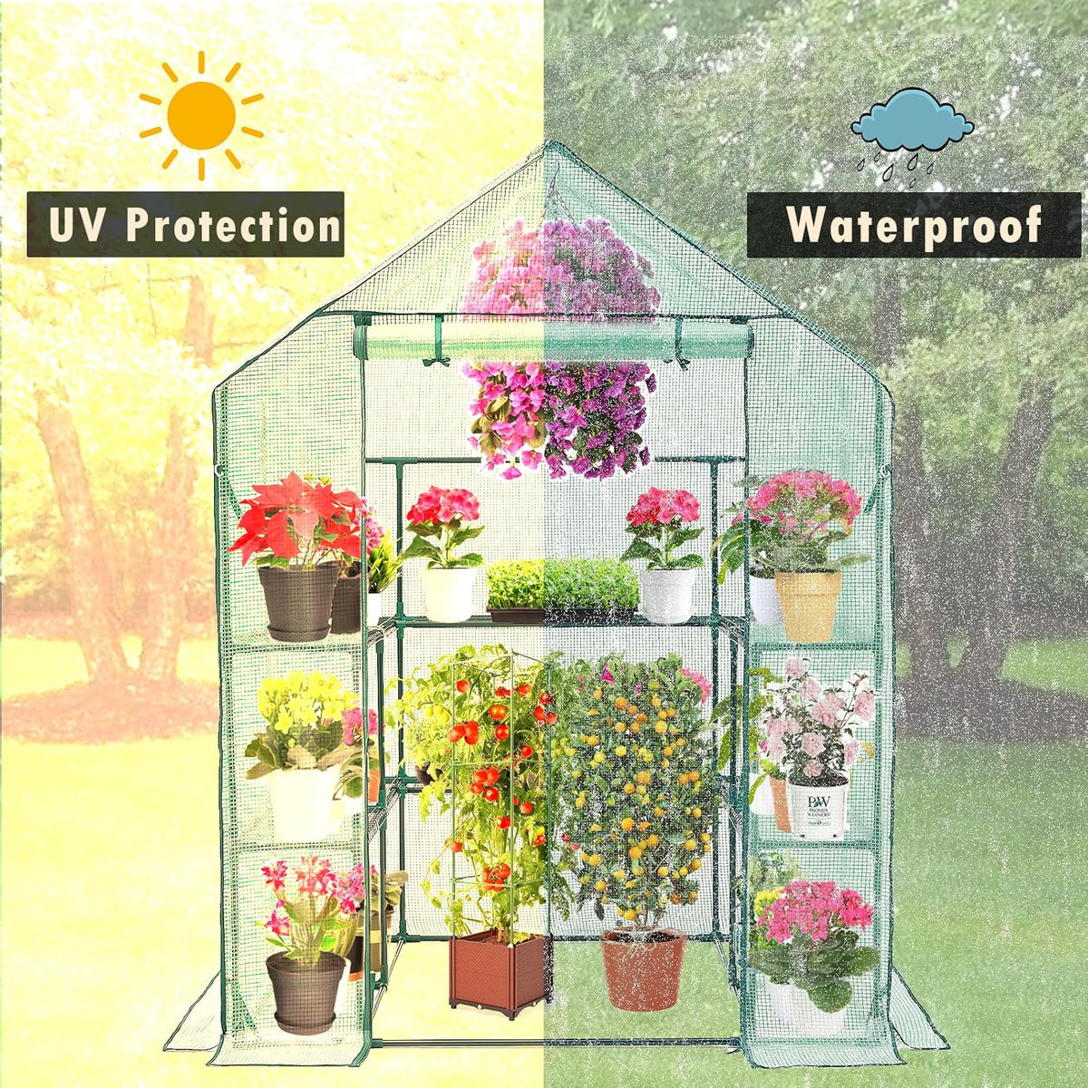 Walk-in Greenhouse for Outdoors, Thickened PE Cover & Heavy Duty Powder-Coated Steel, Mesh Door &