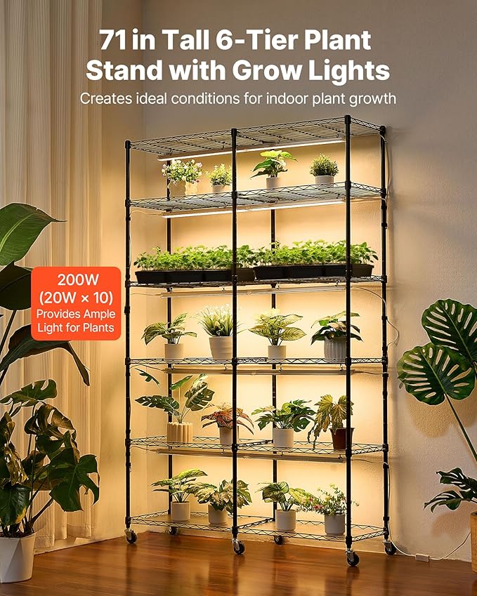VEVOR Plant Shelf with Grow Light, 6-Tier Double-Row Plant Stand, 71in Tall Indoor Plants Display