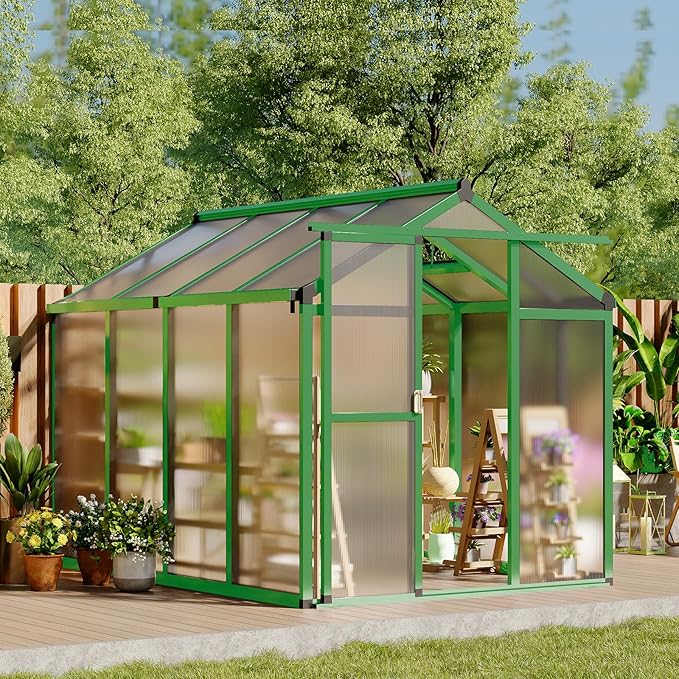 6x8 FT Greenhouse, Easy Assembly Aluminum Polycarbonate Greenhouses for Outdoors with Roof Vent