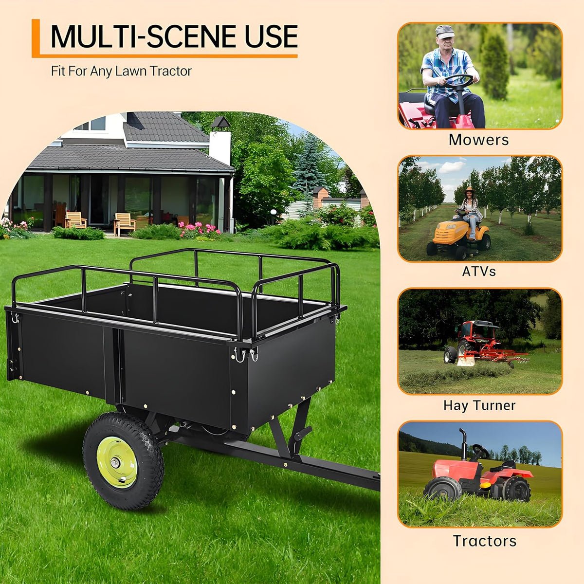 Utility Trailer, Steel ATV Trailer, Heavy Duty Lawn Mower Trailers, 750 Lbs 15 Cu.Ft. with