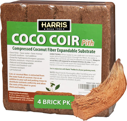 Harris Coco Coir Pith, 4 Bricks Expand to 9 Gallons of Coconut Coir, Coconut Fiber