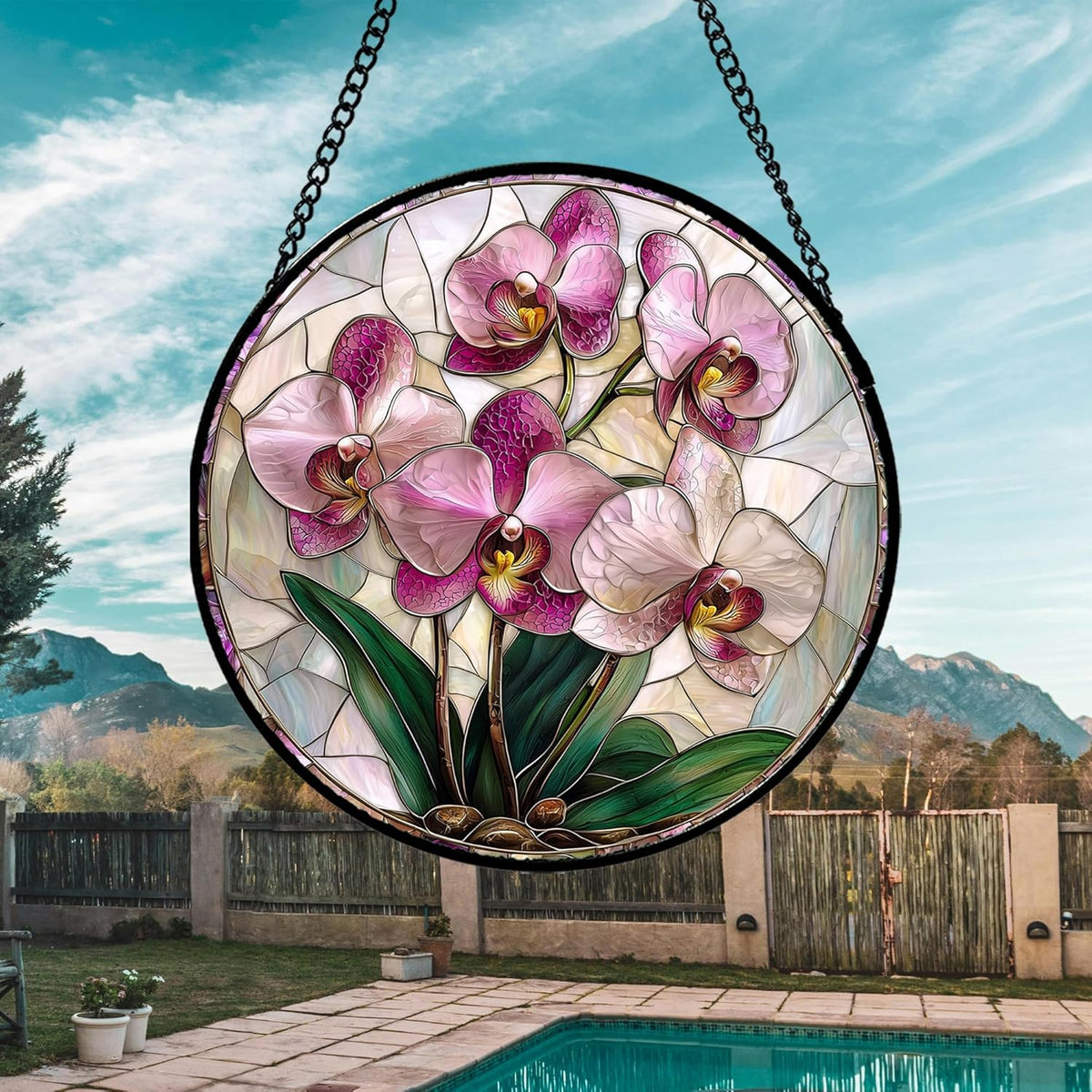 Stained Glass Window Hanging - Pink Purple Phalaenopsis Flowers Sun Catcher for Door Home Decor