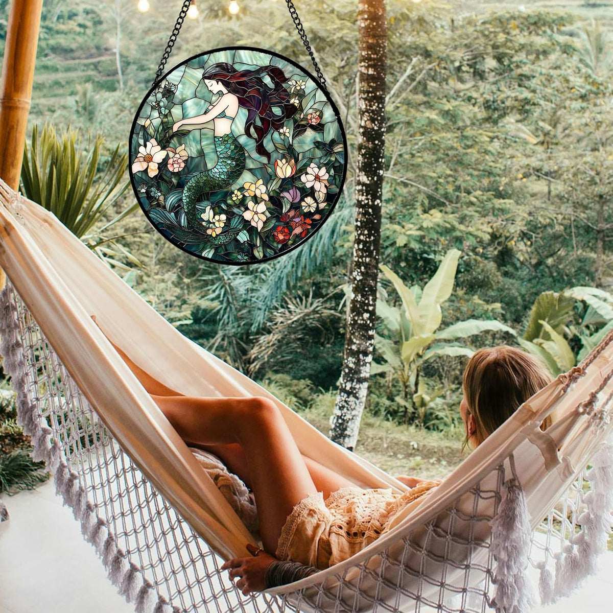 Stained Glass Window Hanging - Teal Sleeping Mermaid Suncatcher for Door Terrace Garden Home Decor