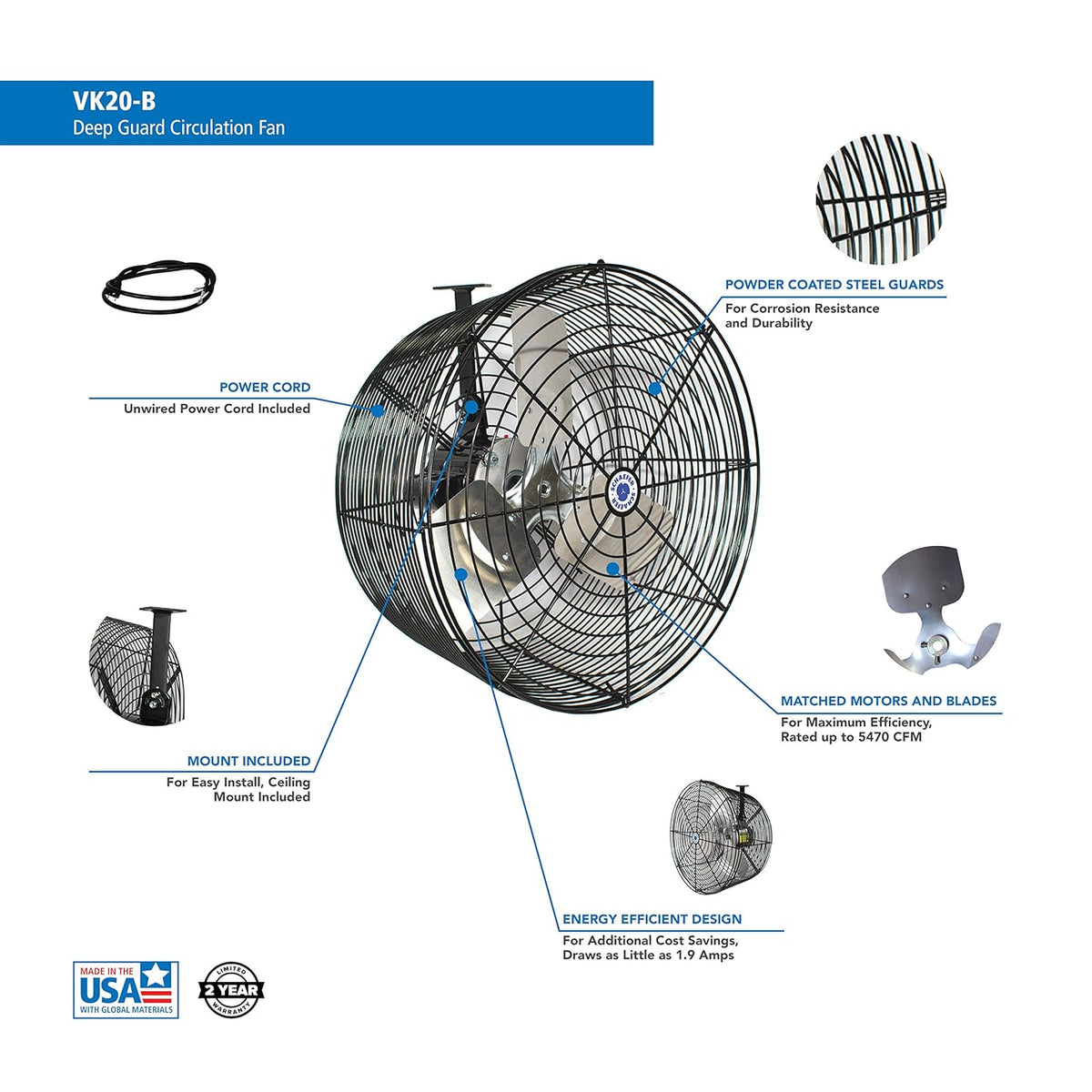 Schaefer VK20-B VersaKool Air Circulator Fan & Aluminum Blade, Ceiling Wall Mount Greenhouse Fan