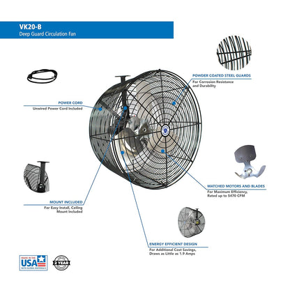 Schaefer VK20-B VersaKool Air Circulator Fan & Aluminum Blade, Ceiling Wall Mount Greenhouse Fan