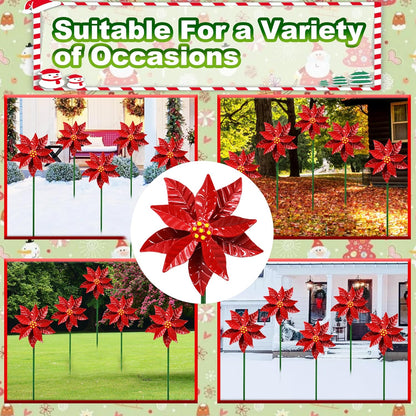 Metal Flower Wind Spinner Garden Lawn Stakes Yard Art, 27 Inch Poinsettia Windmill Iron Handicraft