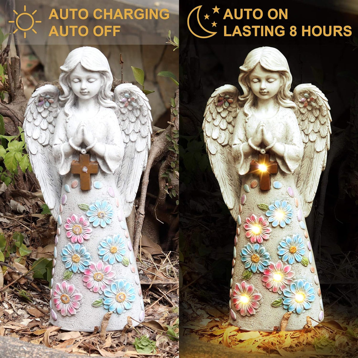 Angel Garden Figurine Outdoor Statue, Solar Garden Sculpture with 7 LEDs Welcome Sign Resin Praying