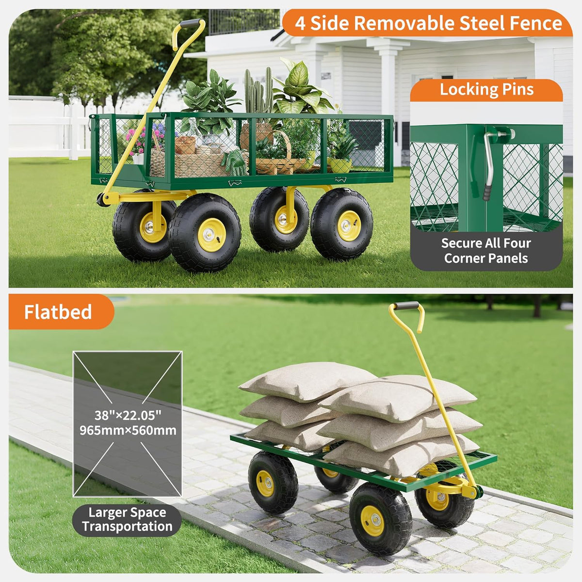 900 Lbs Garden Wagon, 2-in-1 Heavy-Duty Steel Garden Cart, with 10 Inch All-Terrain Tires and