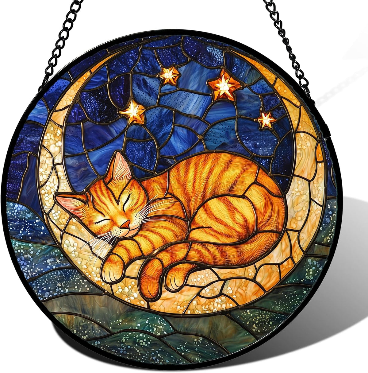Stained Glass Window Hanging - Orange Moon Sleeping Cat Sun Catcher for Door Home Decor Blue Starry