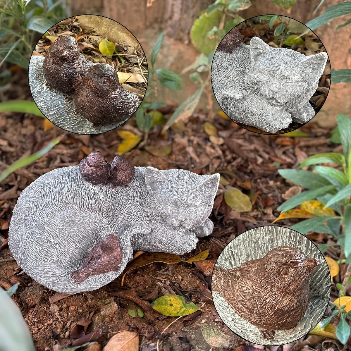 Cat Statue Outdoor Garden Decor - 11.4" Sparrows on Cat Figurine Memorial Grave Markers Garden