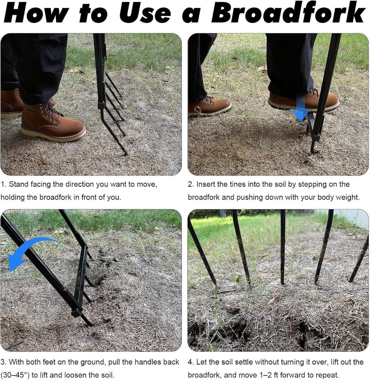 Broadfork Garden Tool Heavy Duty, 5 Tines Broad Fork for Gardening, U-Shaped Garden Fork for