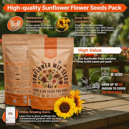 Sunflower Mix Seeds Pack 4 oz - Over 5,100 Non-GMO Heirloom Sunflower Seeds for Planting, Annual