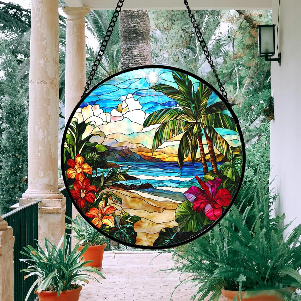 Stained Glass Window Hanging, Blue Beach Scenery Suncatcher Diamond Glass Panel Hangings Sun