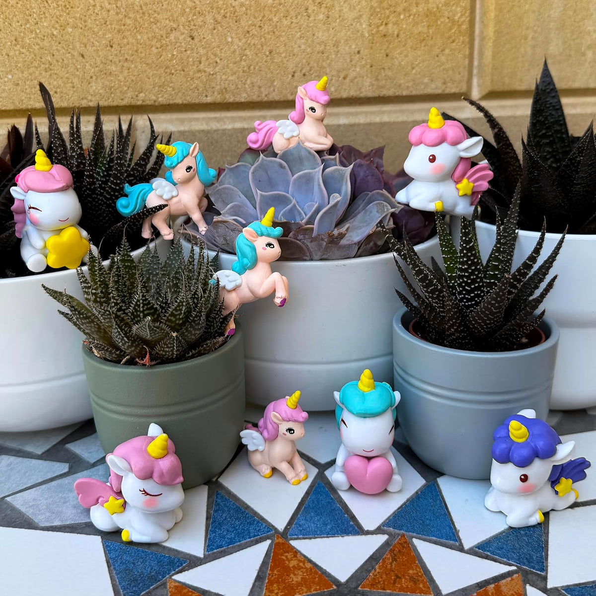 Mood Lab Miniature Unicorn Figurines Set - Funny Mini Statue Kit of 9 pcs - Unicorn Fairy Garden