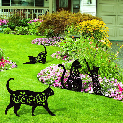 Elcoho 4 Pack Black Cat Silhouette Cute Metal Cat Garden Statues Bird Repellent Decorative Garden
