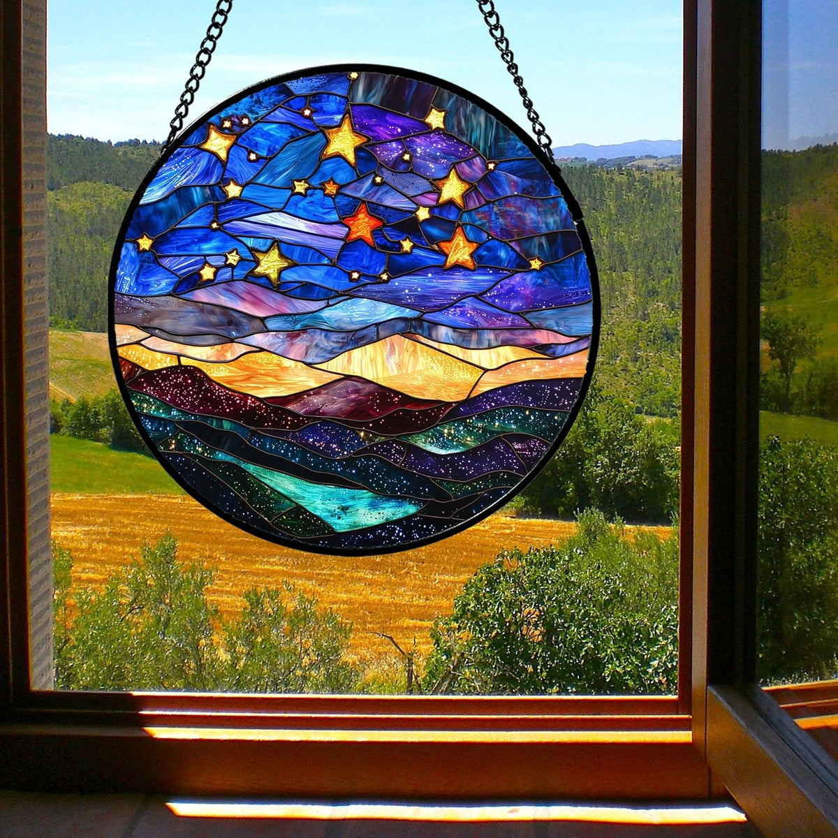 Stained Glass Window Hanging, Blue Sky Gold Stars Abstract Landscape Suncatcher for Doors Window