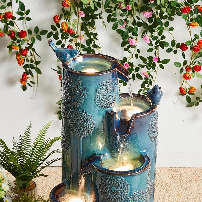 Glitzhome 31.75" H Outdoor Water Fountain with LED Lights and Pump, 4 Tier Dandelion Texture Vase