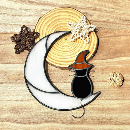 Stained Glass Halloween Black Cat Decor Gifts for Cat Lovers Memorial, Handmade Gothic Witch Hat