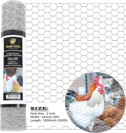 Chicken Wire 24 in x 100 FT x 2” Mesh x 20GA | Poultry Wire Netting | Hot Dipped Galvanised |