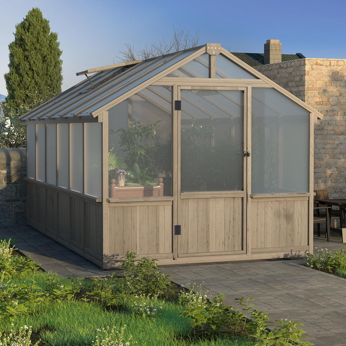 MUPATER 8' x 12' Outdoors Walk-in Greenhouse, Wood Greenhouse with Ventilated Window and Lockable