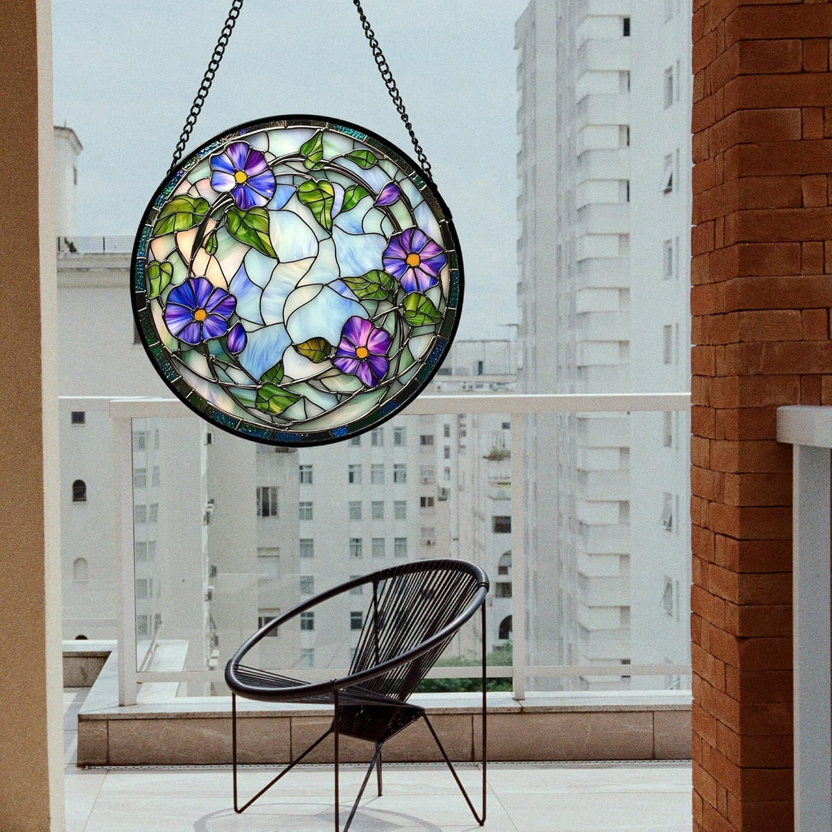 Stained Glass Window Hanging, Purple Morning Glory Flowers Suncatcher for Doors Window Home Plant