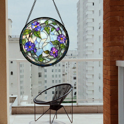 Stained Glass Window Hanging, Purple Morning Glory Flowers Suncatcher for Doors Window Home Plant