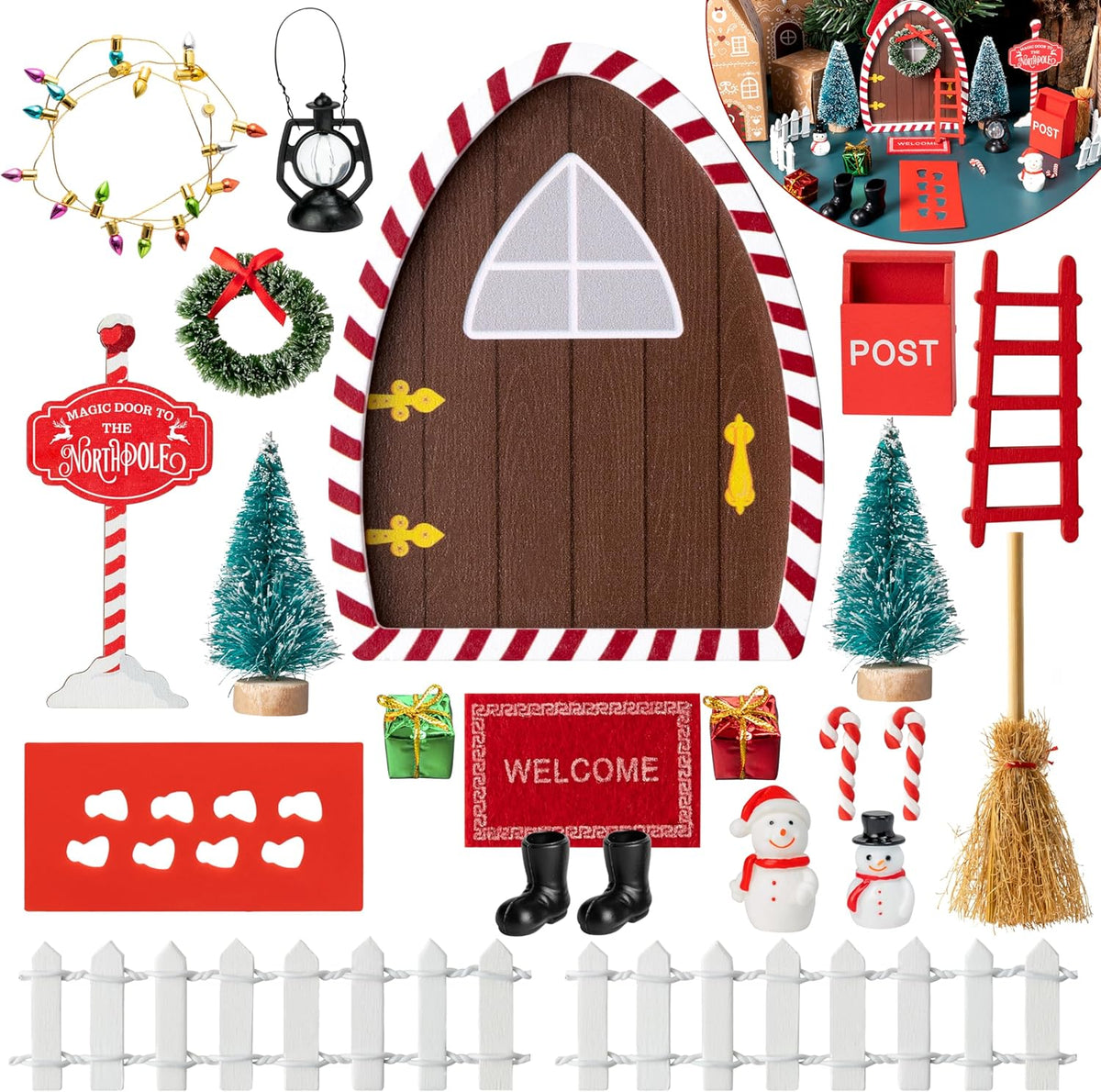 Haooryx Christmas Magic Wooden Miniature Fairy Doors Accessories - 22Pcs Christmas Elf Magic Door