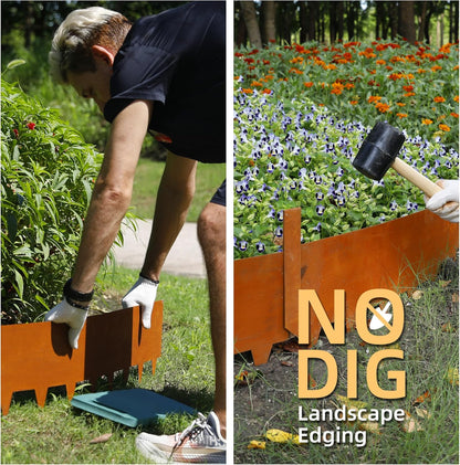 Solution4Patio 8-Pack Corten Steel Garden Landscape Edging with 9X Clips, 10" H Hammer-in Heavy