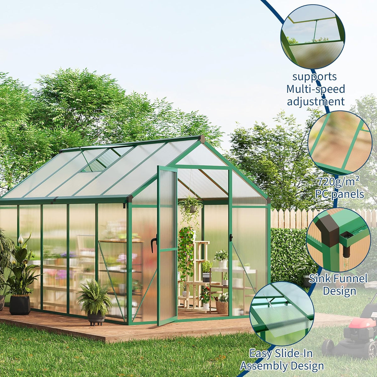 6x10 FT Greenhouse for Outdoors, Polycarbonate Flower Greenhouse with Roof Vent, Push-Pull Lockable