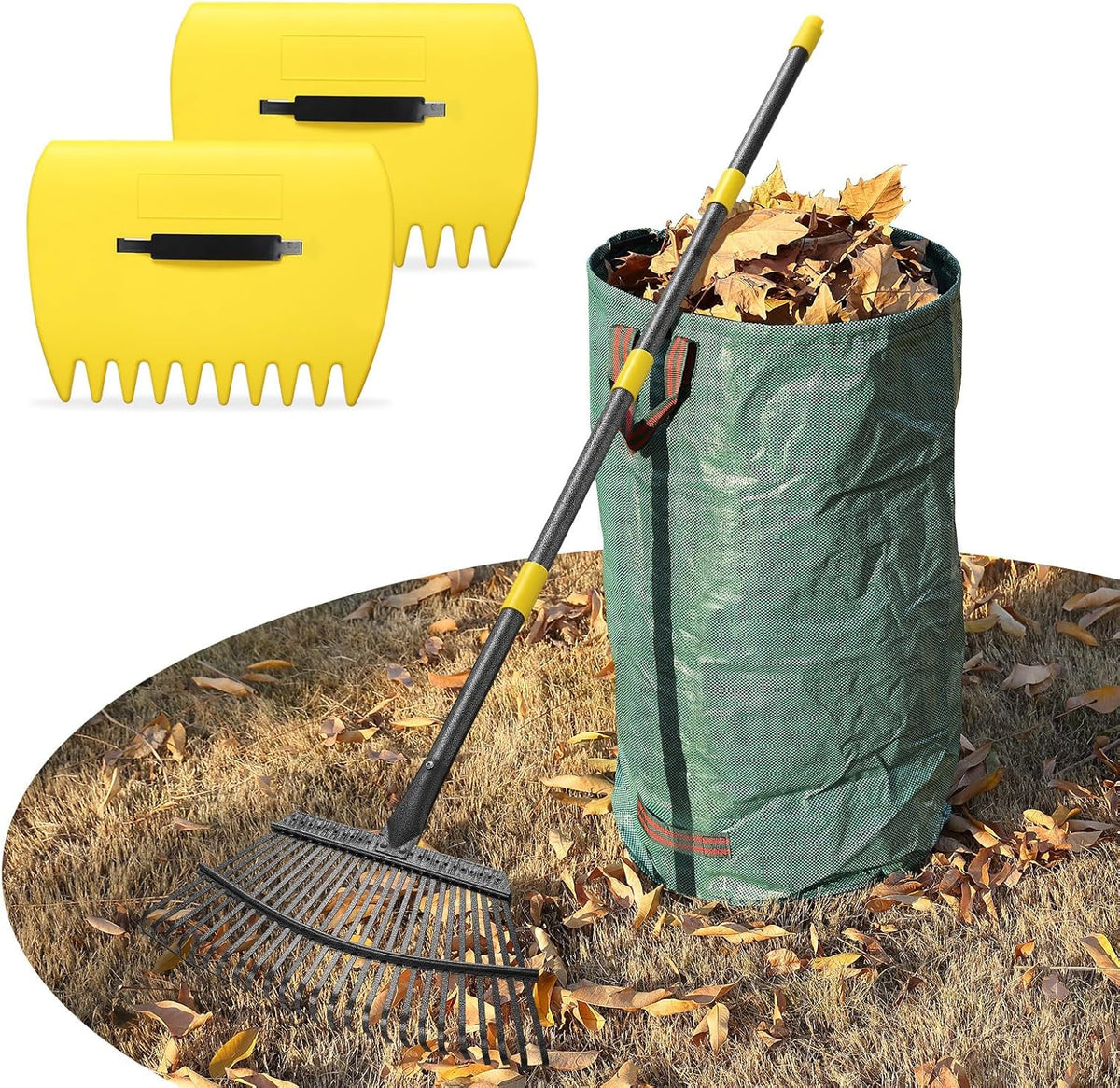 Leaf Rake 18” Wide Heavy Duty Metal 25 Tines Garden Rake Set with 30-75” Adjustable Long Handle for