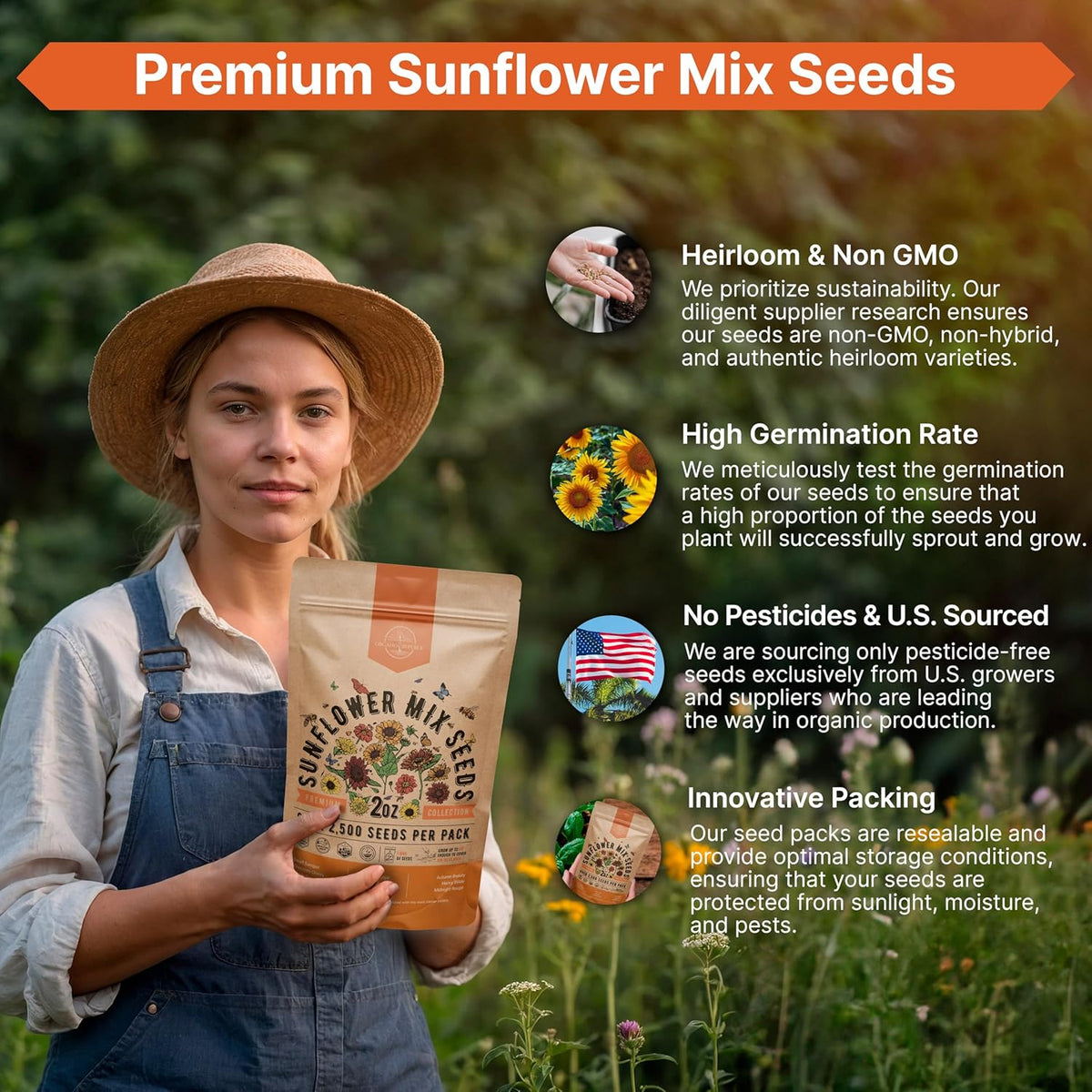 Sunflower Mix Seeds Pack 2 oz - Over 2,500 Non-GMO Heirloom Sunflower Seeds for Planting, Annual