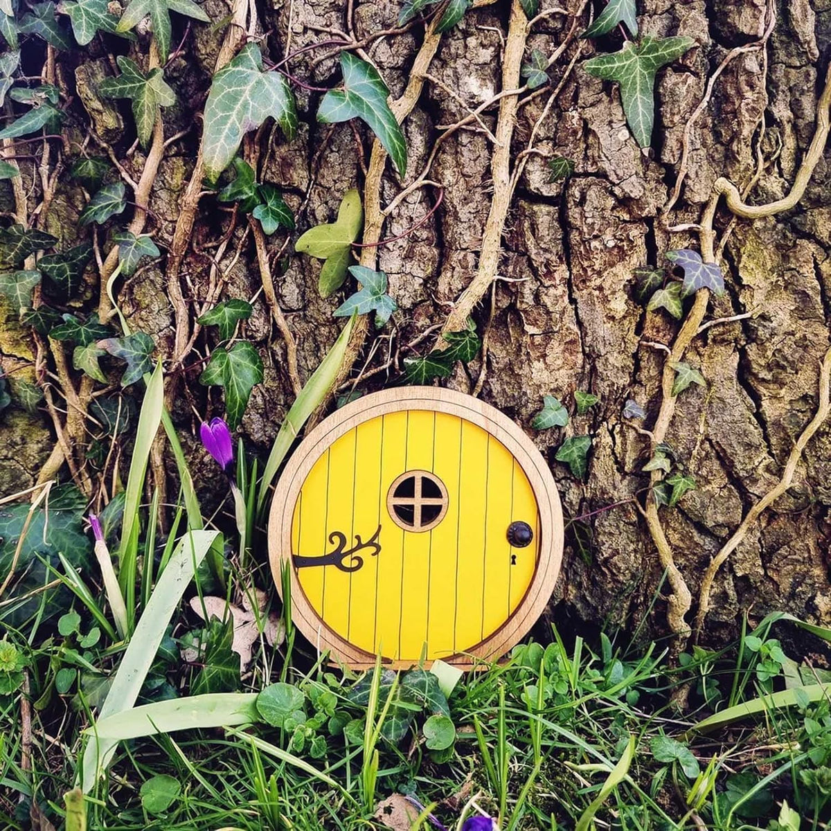 Yellow Fairy Garden Door for Tree, Fairys Doors for Trees Outdoor and Tree Trunk,Mini Fairy Garden