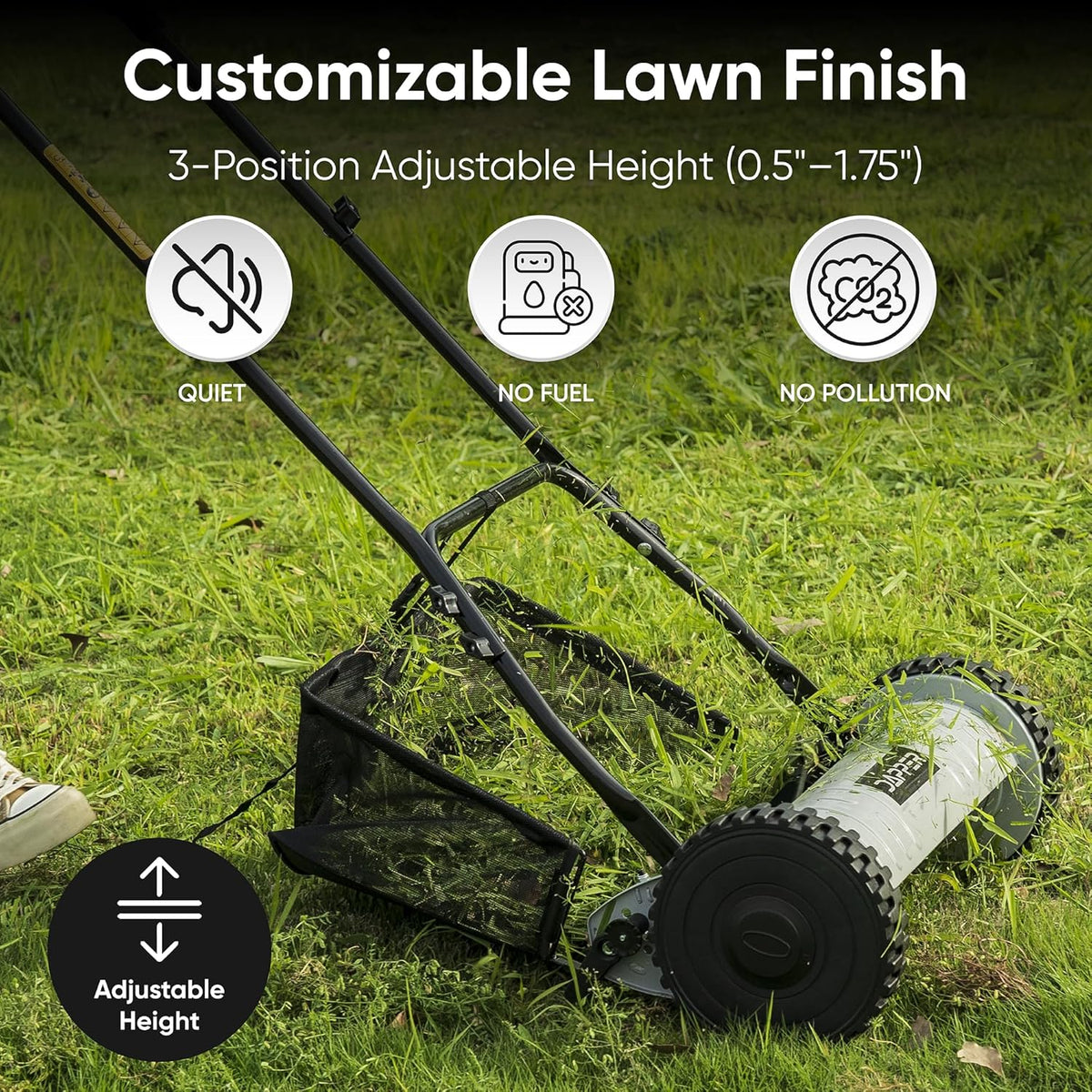 16" Push Reel Lawn Mower with Grass Catcher – Manual 5-Blade Hand Mower, Adjustable 3-Position