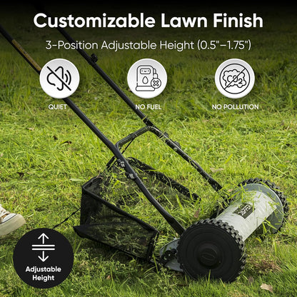 16" Push Reel Lawn Mower with Grass Catcher – Manual 5-Blade Hand Mower, Adjustable 3-Position