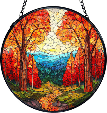 TNUW Fall Forest Stained Glass Window Hanging, Rustic Autumn Landscape Sun Catchers Indoor Window