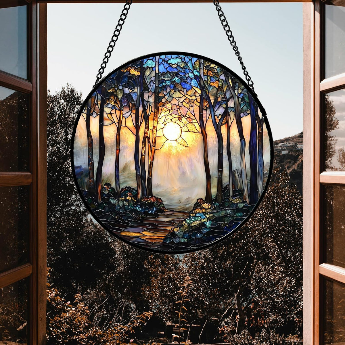 Stained Glass Window Hanging, Forest Sunrise Smoke Blue Brown Tree Suncatcher for Doors Window Home