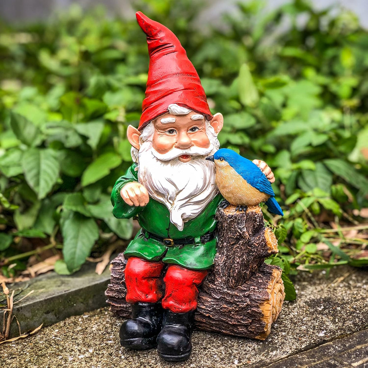 Garden Gnome Statues with Bird Resin Sculpture Gnome Sitting on The Stump Outdoor Statues for