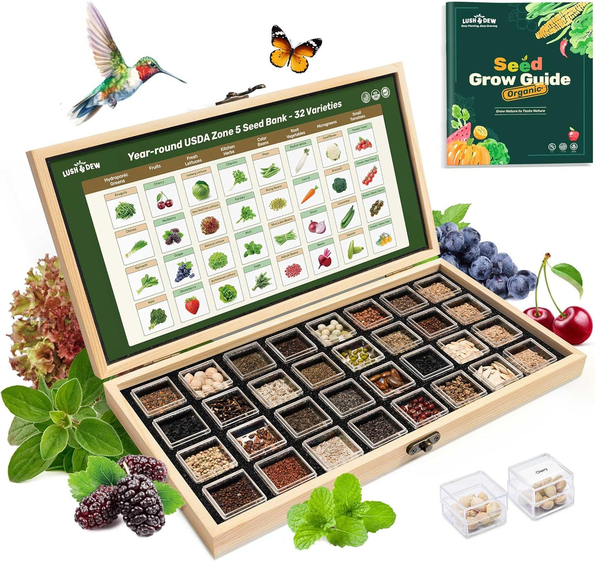 Lush&Dew Year-Round USDA Zone 5 Seed Bank, 32 Varieties Non-GMO Heirloom Seeds of Vegetables