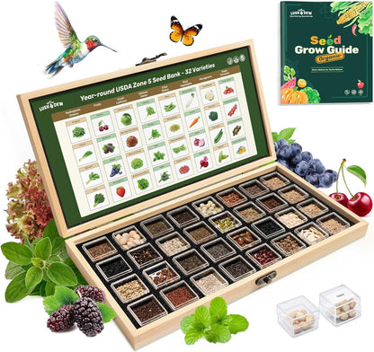 Lush&Dew Year-Round USDA Zone 5 Seed Bank, 32 Varieties Non-GMO Heirloom Seeds of Vegetables