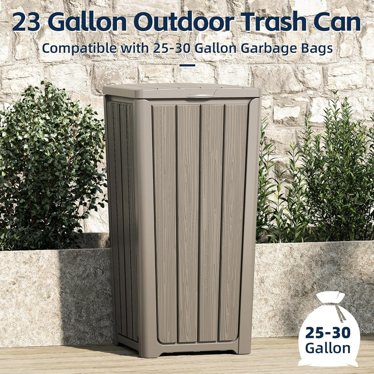 23 Gallon Outdoor Trash Can Waterproof Resin Garbage Can with Lid Outside Trash Bin for Porch