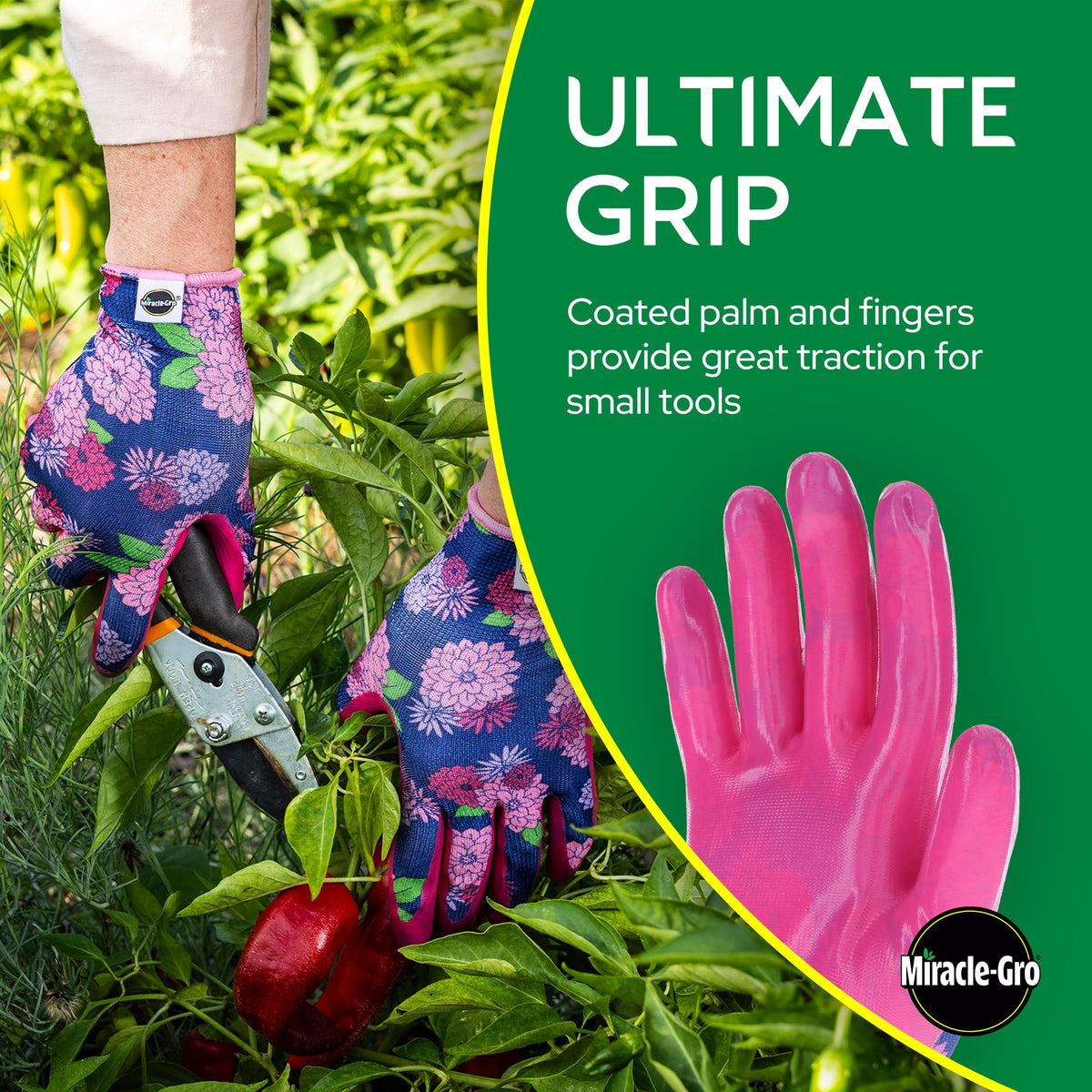 Miracle-Gro Women's Nitrile Coated Grip Floral Pattern Gardening Work Gloves, Extreme Comfort
