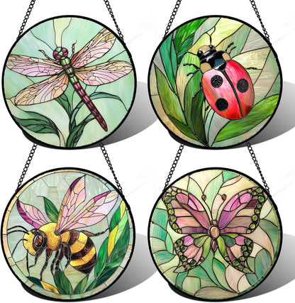 Stained Glass Window Hanging 4 Pcs Set Pink Green Insect Theme 9.8" - Butterfly Suncatcher Door