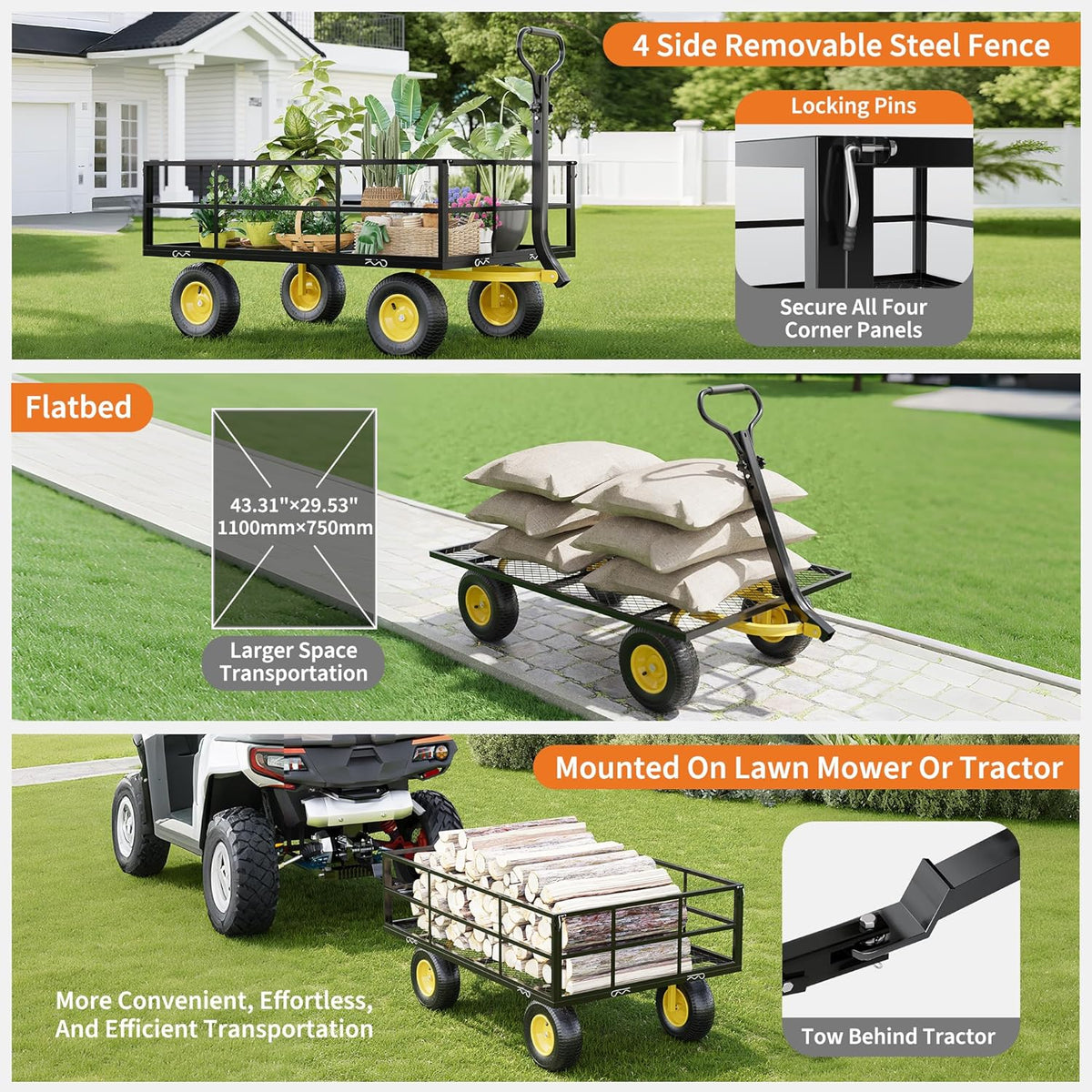 3-in-1 Heavy-Duty Steel Garden Cart, 1200 Lbs Garden Wagon, with 13 Inch All-Terrain Tires and