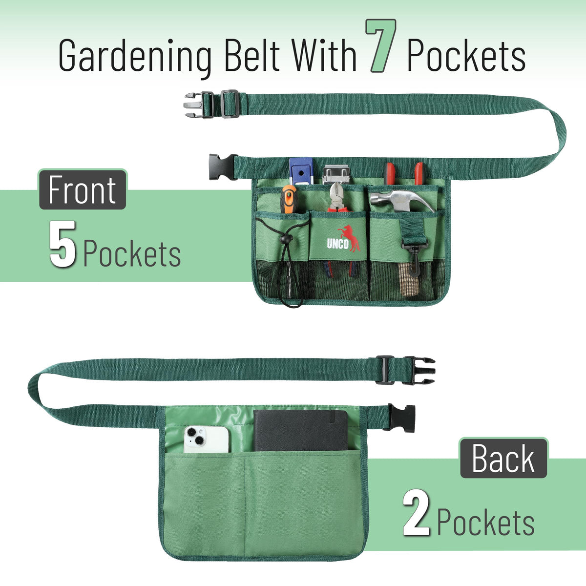 UNCO- Adjustable Gardening Belt, Green, 7 Pockets, Wear, Cut and Water Resistant, Garden Tool Belt