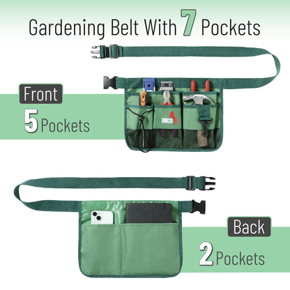 UNCO- Adjustable Gardening Belt, Green, 7 Pockets, Wear, Cut and Water Resistant, Garden Tool Belt