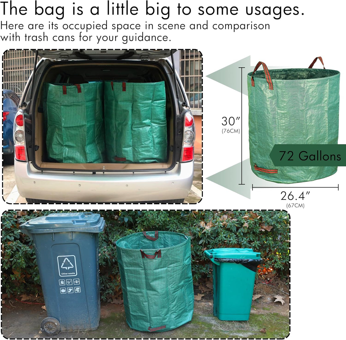 Gardzen 3-Pack 72 Gallon Yard Waste Bags, Reusable Heavy Duty Collapsible Garden Leaf Bags with